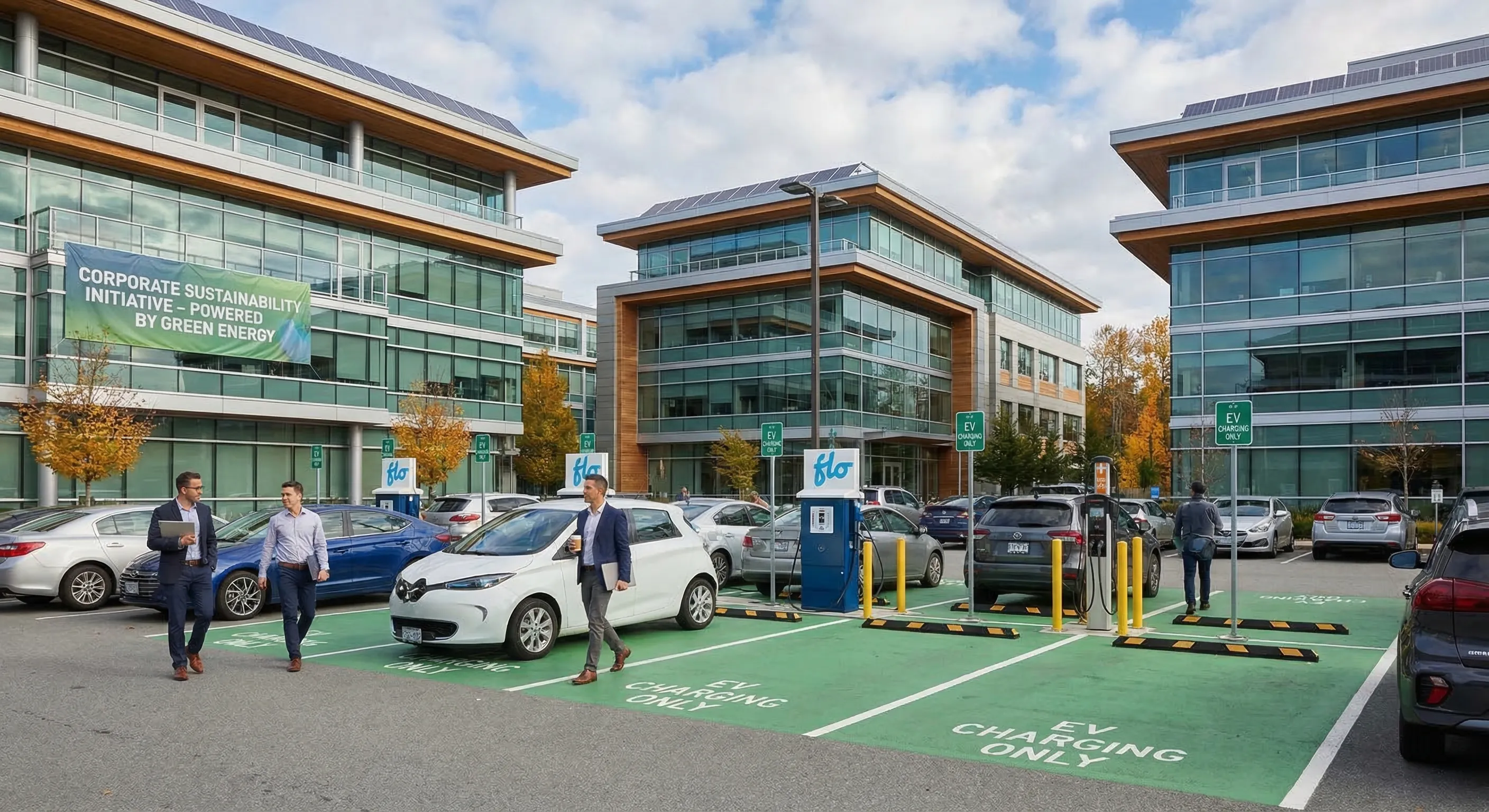 Modern Canadian office parking lot with multiple EV Level 2 charging stations installed — workplace charging infrastructure for employee retention